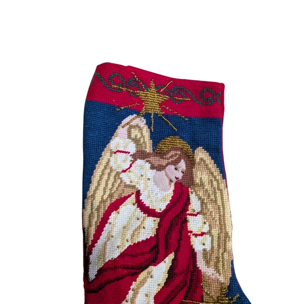 Needlepoint Beaded Herald Angel‎ & Star Christmas Stocking with Gold Beads 19